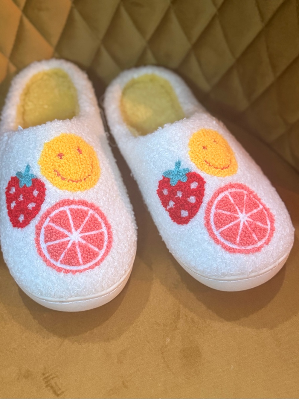 Kids White Fuzzy Slip-On Slippers with Fruit Appliqués